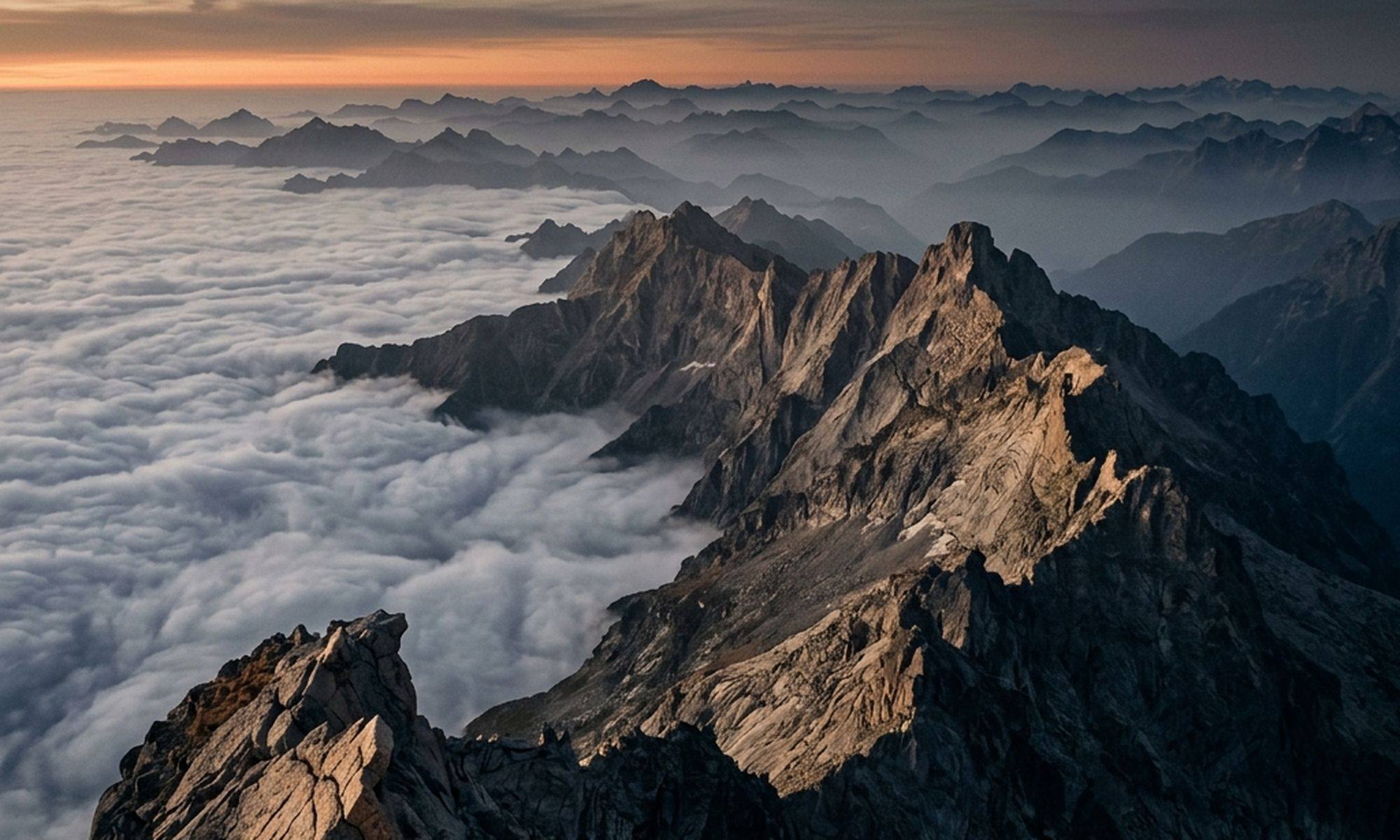 Cloud sea below a granite ridgeline at dawn